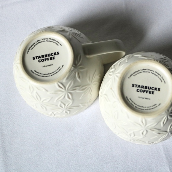 Set of 2 Starbucks White & Green Coffee Tea Mugs Cups Embossed Flower 2008 - Picture 4 of 6